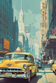 an old yellow taxi cab driving down a city street