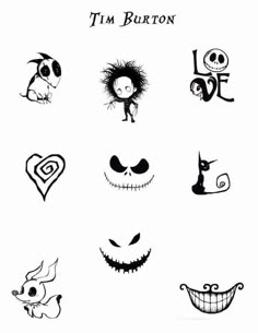 the faces of tim burton are drawn in different styles and colors, including black and white