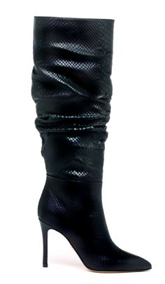 Striking knee-high metallic leather boot. Ruched shaft and high heel. Made in Italy with highest materials and craftsmanship. 89mm = 3.8" heel. 6mm = 0.23" cushioned insole lining. Slip resistant. Made in Italy. Prada Designer, Navy Leather, Leather Boot, Black Metallic, Black Leather Boots, Metallic Leather, Womens Backpack, High Heel, Black Boots