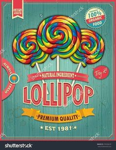 vintage lollipop poster with colorful lollipops on wooden background