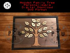 a wooden family tree with the names and date engraved on it, in front of a wood background