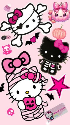 an image of hello kitty stickers on a pink background with stars and skulls around it