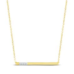 Add a modern touch to your look with this chic bar necklace. Crafted in 10K yellow gold with a rhodium finish, the horizontal design shines with three bright diamonds that draw the eye. The pendant suspends from an 18-inch cable chain that secures with a spring ring clasp. Horizontal Bar Necklace, Horizontal Design, Stone Bar, Accessories Jewelry Necklace, Bar Necklace, Three Stone, Spring Rings, Cable Chain, Custom Jewelry