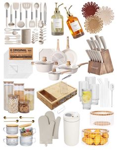 a collage of kitchen utensils and other items