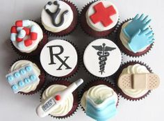 cupcakes decorated with medical symbols are arranged in a circle