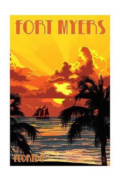 the key west poster is shown with palm trees in front of an orange sky and ocean