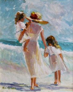 an oil painting of two women and a child on the beach, one holding her hat