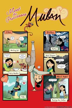 a comic strip with an image of a woman doing yoga and the caption that says, meet princess mulan