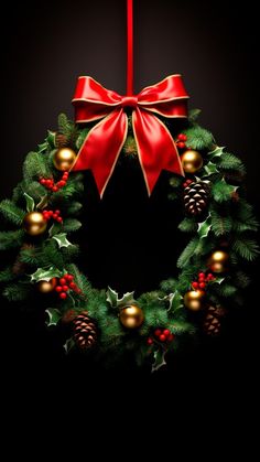 a christmas wreath with red bow and ornaments on it, hanging from a ribbon over a black background