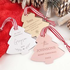 Personalised Engraved Silver, Gold & Rose Gold Christmas Decorations Acrylic Christmas Tree, Gold Christmas Tree Decorations, Christmas Place Cards, Rose Gold Gifts, Wooden Christmas Decorations, Silver Gift Wrap, Xmas Deco, Mirror Acrylic, Christmas Messages