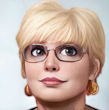 a drawing of a woman with glasses on her face and blonde hair, looking at the camera