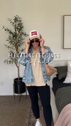 Nina Caviggiola • momhood & midsize style on Instagram: "Can’t go wrong with a Jean jacket and leggings, just add your favorite oversized tee!   Comment LOVE LEGGINGS below to receive a DM with the link to shop this post on my LTK ⬇ https://liketk.it/4RhIv  Leggings outfit for early fall! Leggings: M, Top: M (runs oversized), jacket: L (but could do M)   Mom style, mom outfit, size 10, midsize, leggings, aerie, graphic tee, soccer mom, cool mom, easy & elevated fall style, fall outfit, fall sale.  #ltkmidsize #ltkfallsale #ltkstyletip" Soccer Mom Outfit Plus Size, Black Leggings Jean Jacket Outfit, Trendy Mom Outfits Fall 2024, Trendy Mom Outfits Fall, Sporty Mom Outfits, Soft Alt, Midsize Fall Outfits, Mom Outfits Fall, Mid Size Outfits