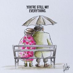 two people sitting on a bench under an umbrella and the words you're still my everything