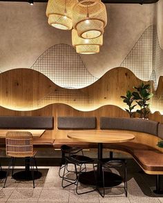 mixing of materials - lighting behind, wood, metal, textured wall Bar Deco, Design Café, Restaurant Seating, Modern Restaurant, Coffee Shop Design