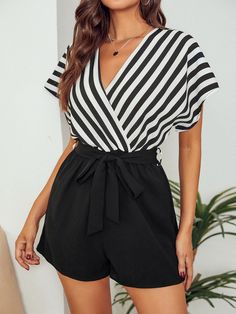 Black and White Elegant Collar Short Sleeve Fabric Striped Shirt Embellished Non-Stretch  Women Clothing Short Jumpsuit Outfit, Summer Items, Comfy Jumpsuits, Belted Romper, Jumpsuit Outfit, Black And White Style, Striped Rompers, Wardrobe Ideas, Casual Jumpsuit