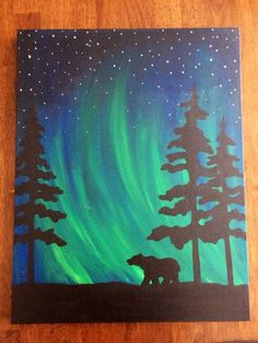 an acrylic painting of a bear and the northern lights