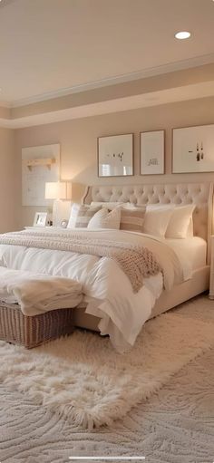 a large white bed sitting inside of a bedroom next to a dresser and lamp on top of a rug