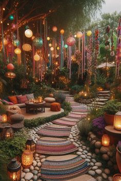 an outdoor area with lots of lights and decorations on the walls, along with stone walkways