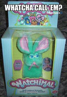 a green stuffed animal with pink ears in a box