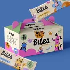 two boxes of bites are shown on a blue background