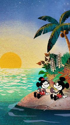 mickey and minnie mouse on an island with palm trees in the ocean at night time