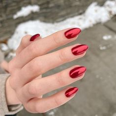 21 Holiday Nail Ideas for 2023 - Lauren Erro Red Chromatic Nails, Red Chrome Manicure, Red Nails Acrylic Chrome, Red Luminary Nails, Red Chrome Dip Powder Nails, Red Chrome Halloween Nails, Red Satin Nails, Chrome On Red Nails