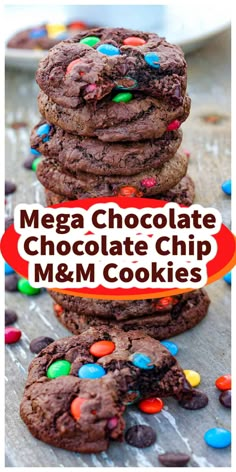 chocolate m & m cookies stacked on top of each other with the title overlay