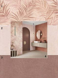 a bathroom with pink walls and palm leaves on the wall, along with an oval mirror