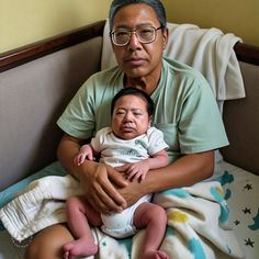 a man holding a baby in his arms while sitting on top of a bed next to another person