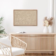 a living room with white walls and wooden furniture in front of a painting on the wall