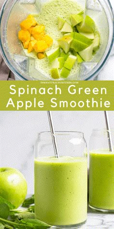 spinach green apple smoothie in a glass with two straws next to it