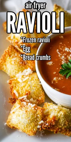 a white plate topped with fried ravioli next to a bowl of soup and bread crumbs