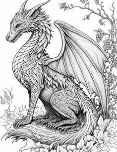 a black and white drawing of a dragon sitting on top of a tree branch with flowers