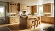 a large kitchen with wooden cabinets and counter tops, along with two bar stools