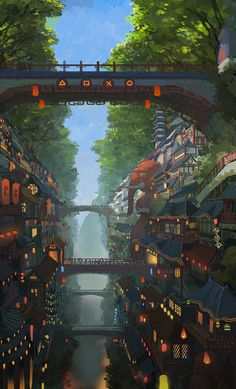 a painting of a city with lots of trees and buildings on the sides, under an overpass