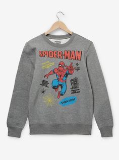 Keep warm in superhero fashion with this Spider-Man-inspired crewneck! Featuring a portrait of Spider-Man surrounded by doodles and "Friendly Neighborhood" and "Spider-Sense" lettering beneath lettering of the hero's name  this sweatshirt is perfect for saving the day in style.A BoxLunch Exclusive!60% cotton; 40% polyesterListed in unisex sizesWash cold with like colors; dry lowDo not iron over printImported Spider Man Sweatshirt, Spider Man Doodle, Spiderman Sweater, Spider Sense, Symbiote Spiderman, Doodle Icons, Superhero Fashion, Marvel Sweatshirt, Star Wars Sweatshirt