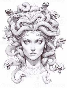 a drawing of a woman with snakes on her head and two snakes around her head