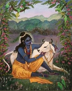 a painting of a woman sitting on the ground with a cow in front of her