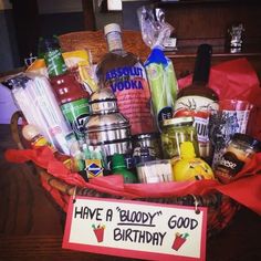 a basket filled with lots of goodies and drinks