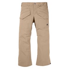 a pair of beige pants with pockets on the bottom and one leg, in front of a