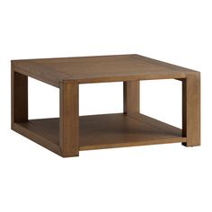 a square wooden table with two shelves on each side