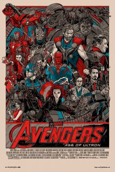 the avengers movie poster is shown in red, blue and black colors with characters from all over the world