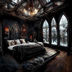 an ornate bedroom with large windows and chandelier above the bed is decorated in black