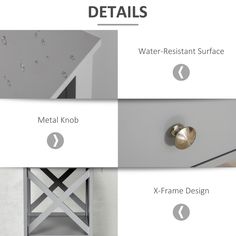 the details of an end table with metal knobs and handles, including water - resistant surface