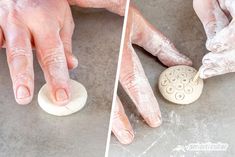 two pictures of hands and dough on the floor