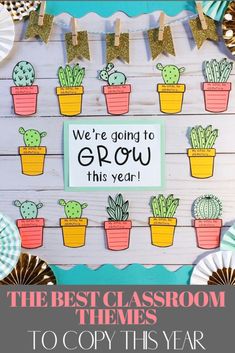 a bulletin board decorated with cactus and succulents for the new year's resolution