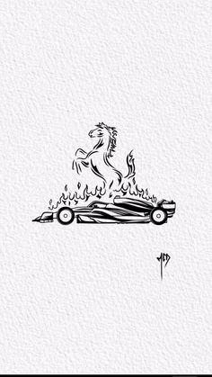 a black and white drawing of a car on fire