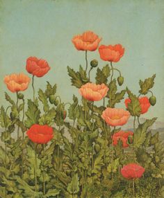 a painting of pink flowers with green leaves