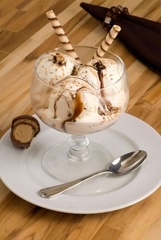 an ice cream sundae on a white plate