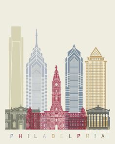 the philadelphia skyline is shown in red, white and blue with buildings on each side